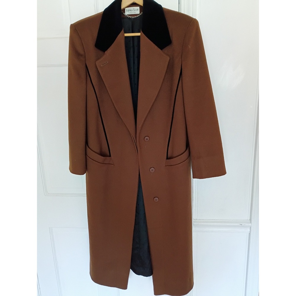 Ashley Scott Vintage Mens Brown Wool Overcoat VelvetCollar Made in USA Long Coat